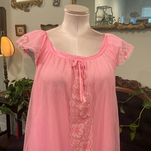 Vintage‎ Lace & Sheer Layered Slip Dress Tie-Neck Cap Sleeve Size L Pink - Picture 4 of 6